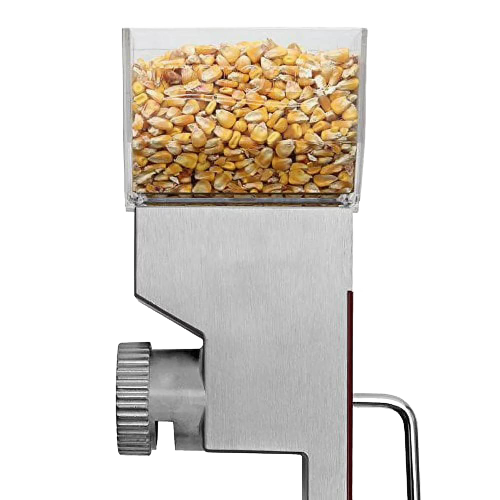 Handcrafted compact grain mill with stainless steel body and clear hopper filled with dry corn kernels, designed for adjustable grinding, featured in Kitchen & Food, Grain Mills, and Best Sellers collections.