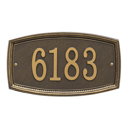 Bronze custom address plaque with raised numbers and a traditional shaped border, handcrafted in the USA, perfect for Home & Decor, Mailboxes and Address Signs collections.