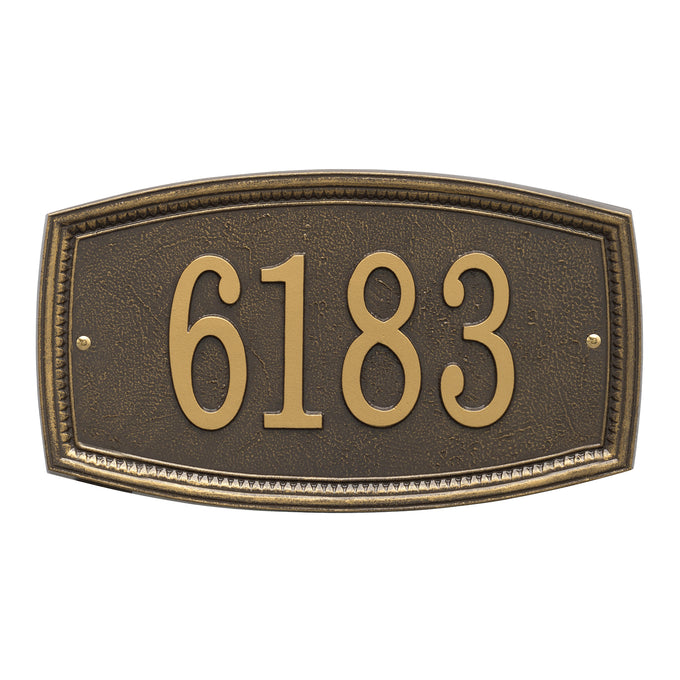 Bronze custom address plaque with raised numbers and a traditional shaped border, handcrafted in the USA, perfect for Home & Decor, Mailboxes and Address Signs collections.