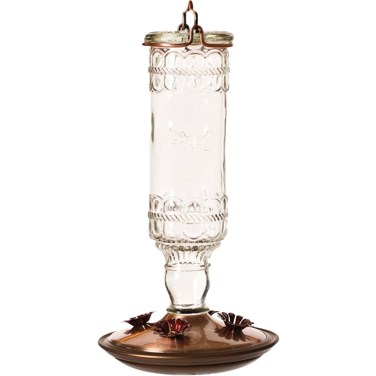 Clear vintage-style glass hummingbird feeder with embossed bottle, brushed copper base, flower-shaped feeding ports, hanging metal hook, ideal for Farm, Garden & Tool and Animal Care collections.