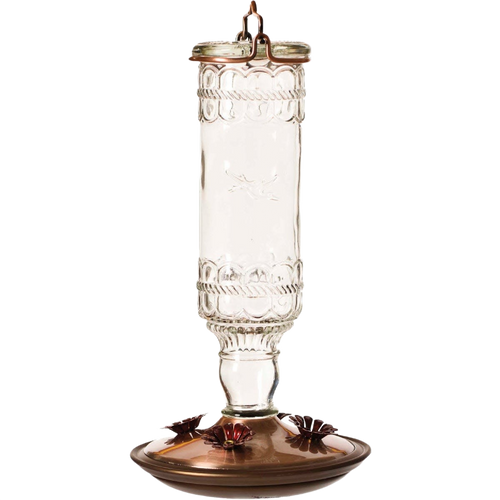 Clear vintage-style glass hummingbird feeder with embossed bottle, brushed copper base, flower-shaped feeding ports, hanging metal hook, ideal for Farm, Garden & Tool and Animal Care collections.