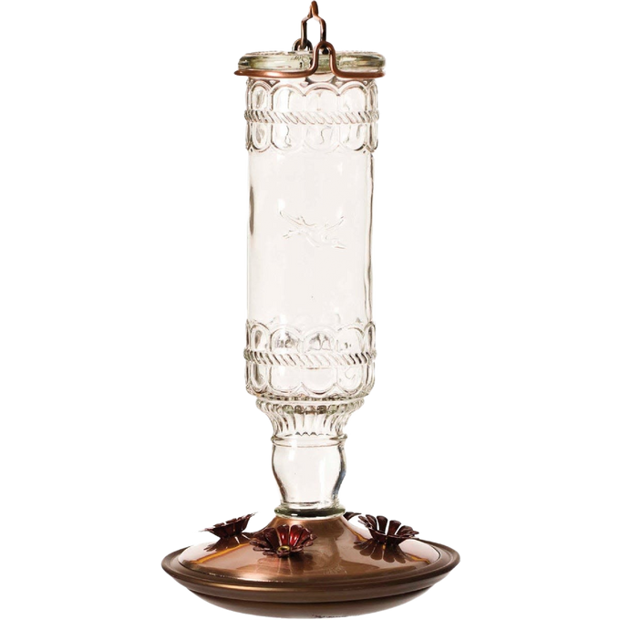 Clear vintage-style glass hummingbird feeder with embossed bottle, brushed copper base, flower-shaped feeding ports, hanging metal hook, ideal for Farm, Garden & Tool and Animal Care collections.