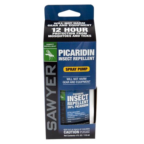 Blue and green labeled Sawyer Picaridin insect repellent spray pump offering 12-hour protection, designed for outdoor use in camping, farm, garden, and tool activities.