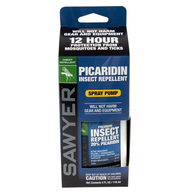 Blue and green labeled Sawyer Picaridin insect repellent spray pump offering 12-hour protection, designed for outdoor use in camping, farm, garden, and tool activities.