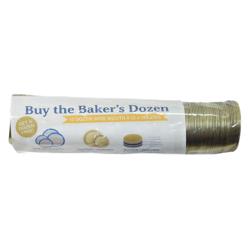Stack of sealed wide-mouth metal canning jar lids in gold tone, packaged with promotional label offering extra dozen free, designed for secure food preservation in Kitchen & Food and Canning collections.