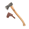 Handcrafted small forest axe with a tempered steel blade and polished wooden handle, accompanied by a brown leather sheath, perfect for farm, garden, and wood cutting tasks.