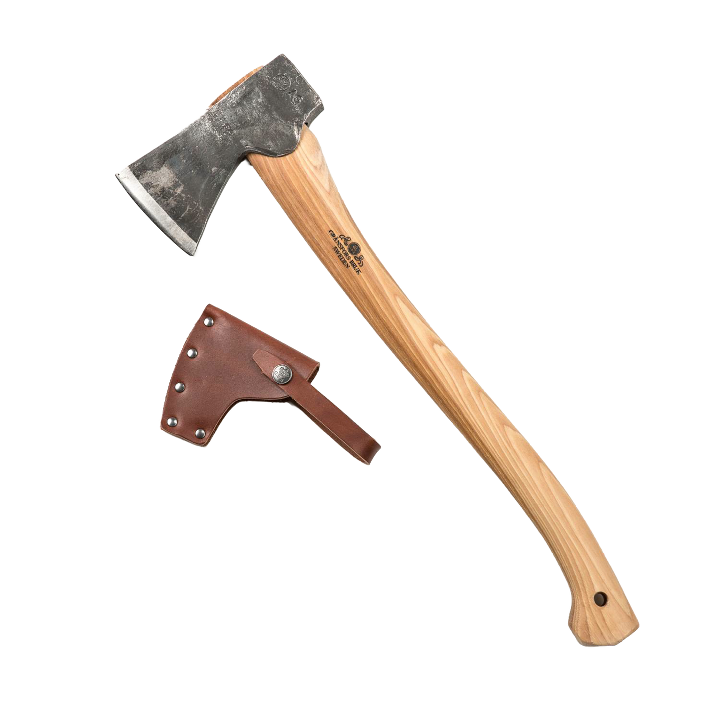 Handcrafted small forest axe with a tempered steel blade and polished wooden handle, accompanied by a brown leather sheath, perfect for farm, garden, and wood cutting tasks.