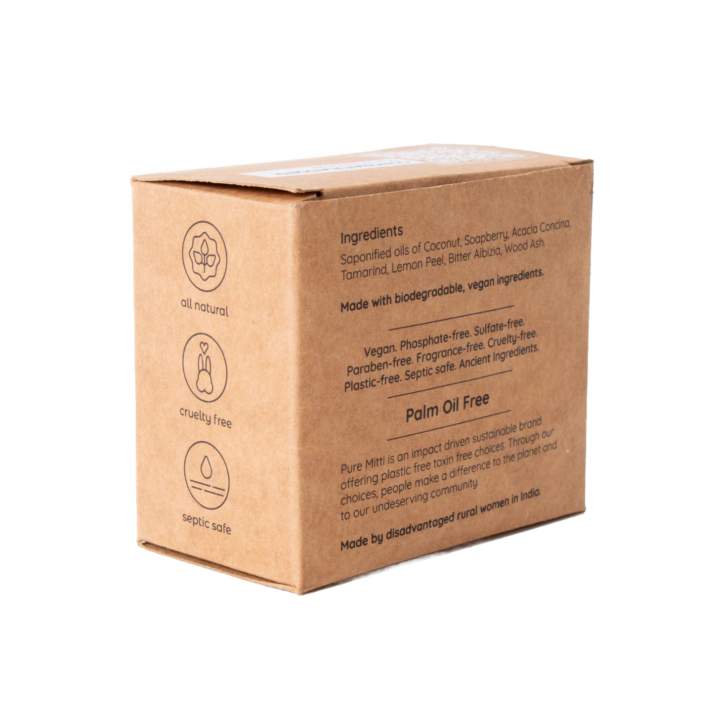 Brown cardboard packaging box for natural dish soap featuring eco-friendly labels for all natural, cruelty free, and septic safe, with ingredient and sustainability information visible, highlighting handmade cleaning products in Home & Decor and Household Cleaning collections.