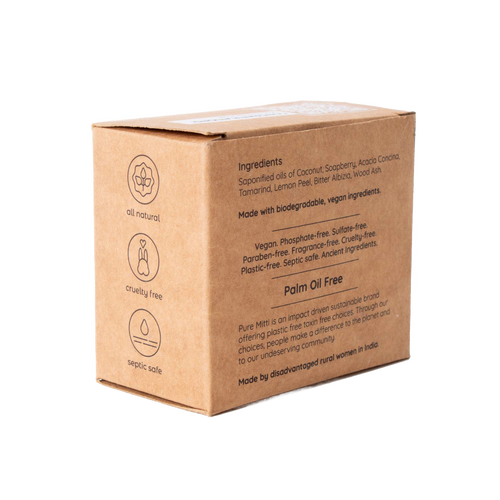 Brown cardboard packaging box for natural dish soap featuring eco-friendly labels for all natural, cruelty free, and septic safe, with ingredient and sustainability information visible, highlighting handmade cleaning products in Home & Decor and Household Cleaning collections.