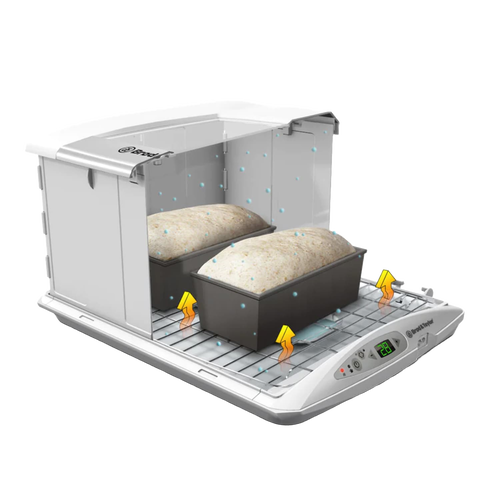 Brod & Taylor folding bread proofer and slow cooker with two rising dough loaves inside, showcasing precise temperature and humidity control for baking and fermentation in kitchen and baking supplies collections.
