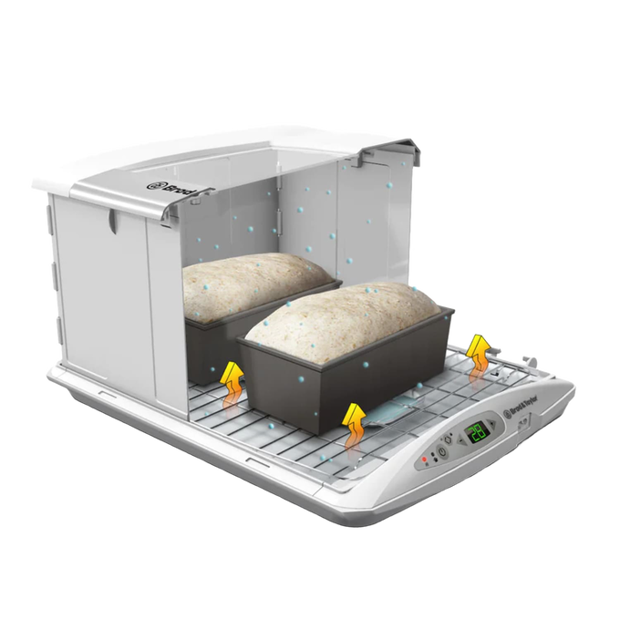 Brod & Taylor folding bread proofer and slow cooker with two rising dough loaves inside, showcasing precise temperature and humidity control for baking and fermentation in kitchen and baking supplies collections.