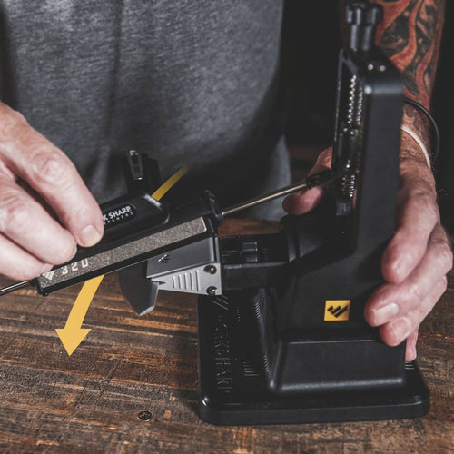 Handheld precision knife sharpener with adjustable angle settings from 15° to 30°, featuring three abrasive grits and a sturdy black base, ideal for sharpening knives in Farm, Garden & Tool, Kitchen & Food, and Sharpening collections.