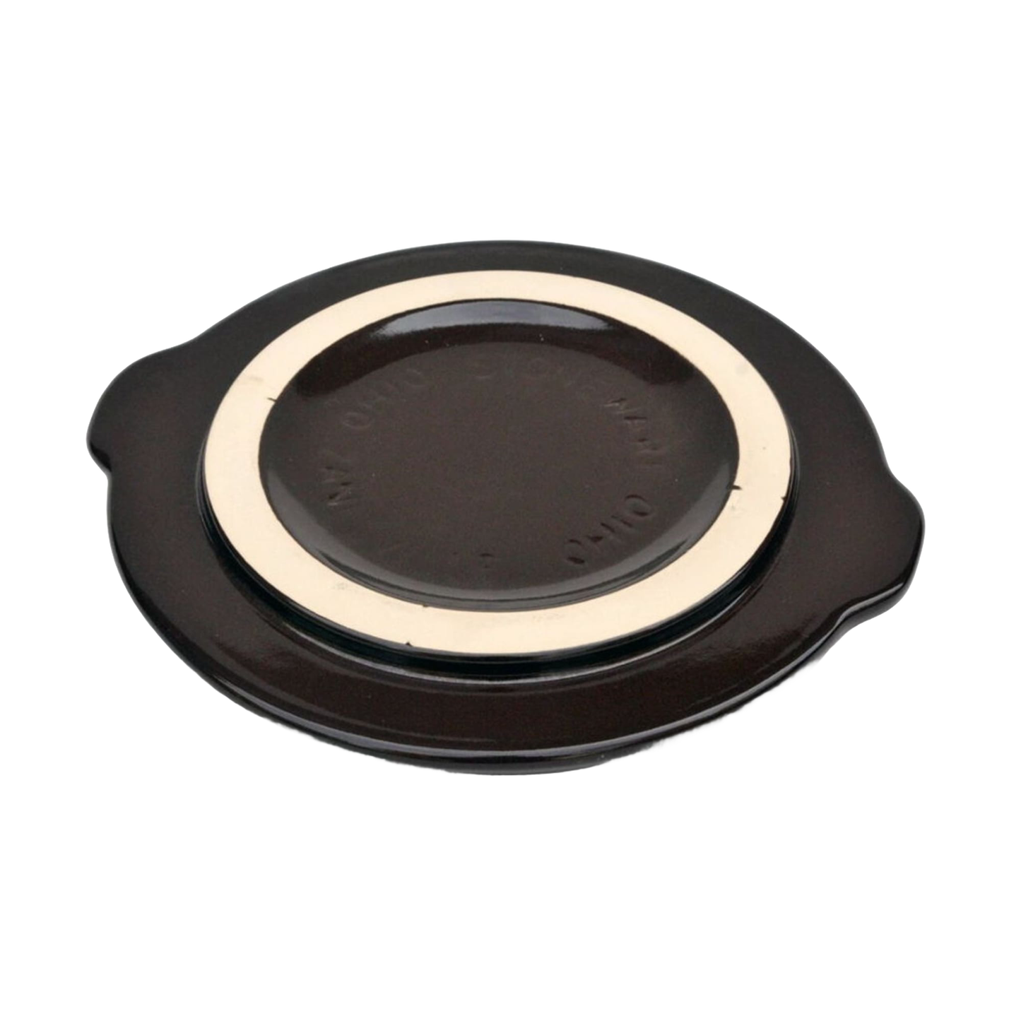 Handcrafted dark stoneware lid with cream-colored accent ring and side handles, made in USA, designed for Kitchen & Food, Food Preservation, and Fermenting and Pickling collections.