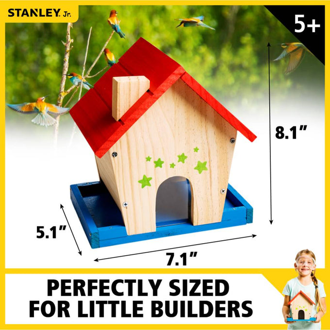 Wooden bird feeder painted with a red roof, blue base, and green star decorations, shown with colorful birds flying nearby, suitable for children's arts and crafts and animal care collections.
