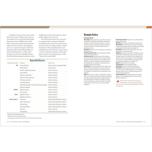 Open page from The Chicken Health Handbook showing detailed reportable diseases table and sample entry with symptoms and treatment guidelines, part of Farm, Garden & Tool and Books collections.