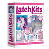 Handcrafted latch hook kit featuring a unicorn design with color-coded canvas, yarn bundles, and tool, perfect for children's arts and crafts in toys and games collections.