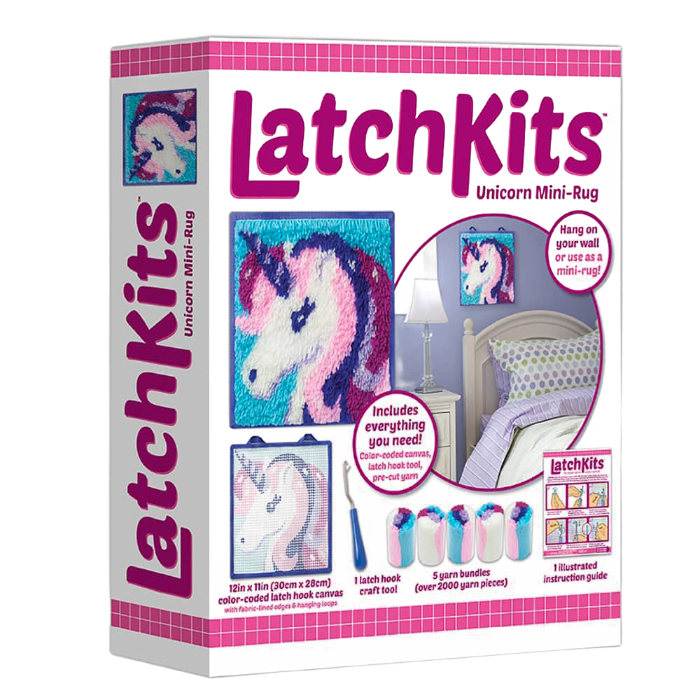 Handcrafted latch hook kit featuring a unicorn design with color-coded canvas, yarn bundles, and tool, perfect for children's arts and crafts in toys and games collections.