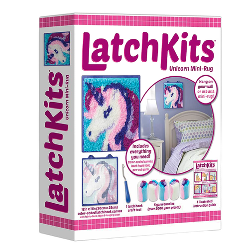 Handcrafted latch hook kit featuring a unicorn design with color-coded canvas, yarn bundles, and tool, perfect for children's arts and crafts in toys and games collections.