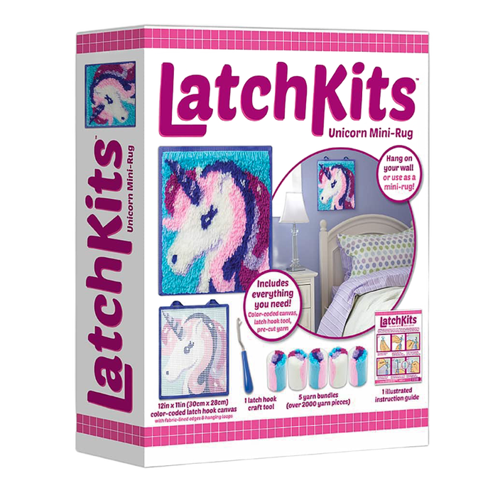 Handcrafted latch hook kit featuring a unicorn design with color-coded canvas, yarn bundles, and tool, perfect for children's arts and crafts in toys and games collections.