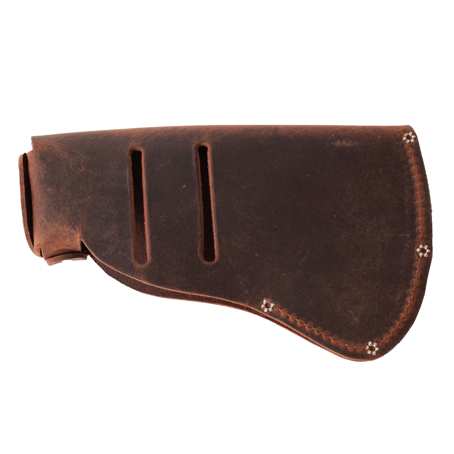 Handcrafted full-grain leather sheath with belt attachment slots, made in USA by Amish artisans, designed to protect axe heads; ideal for farm, garden, hand tools, and wood cutting collections.