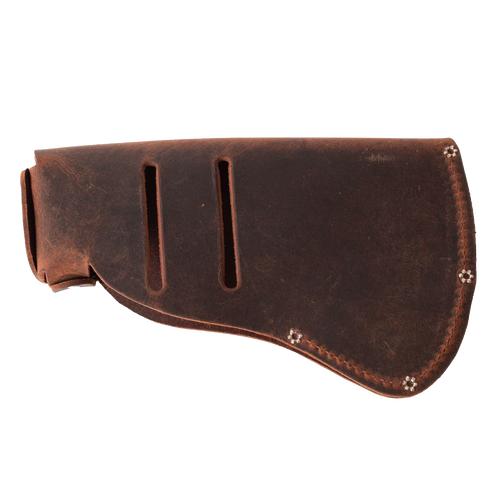 Handcrafted full-grain leather sheath with belt attachment slots, made in USA by Amish artisans, designed to protect axe heads; ideal for farm, garden, hand tools, and wood cutting collections.