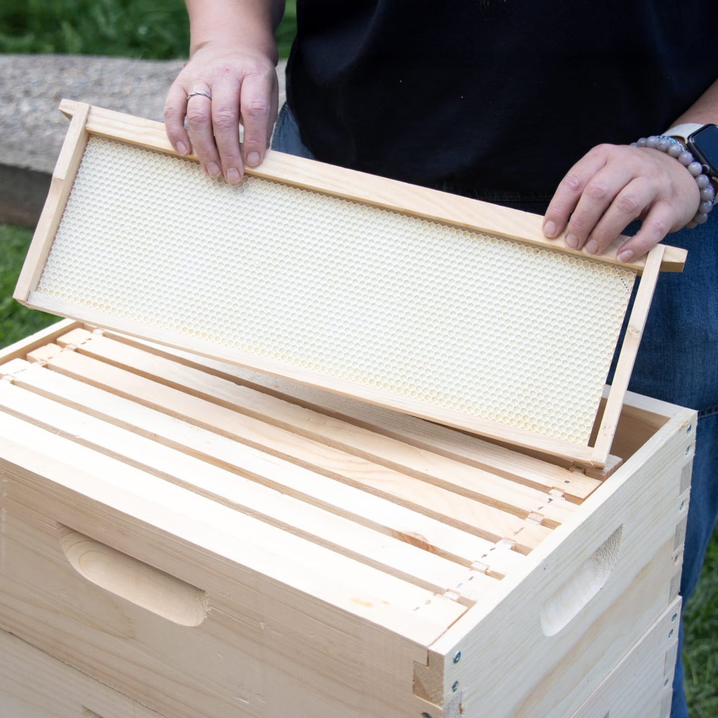 Person placing a handcrafted wooden 8-frame bee frame with natural beeswax foundation into an Amish-made beehive box outdoors, ideal for Farm, Garden & Tool, Beekeeping Supplies, and 8-Frame Hives collections.