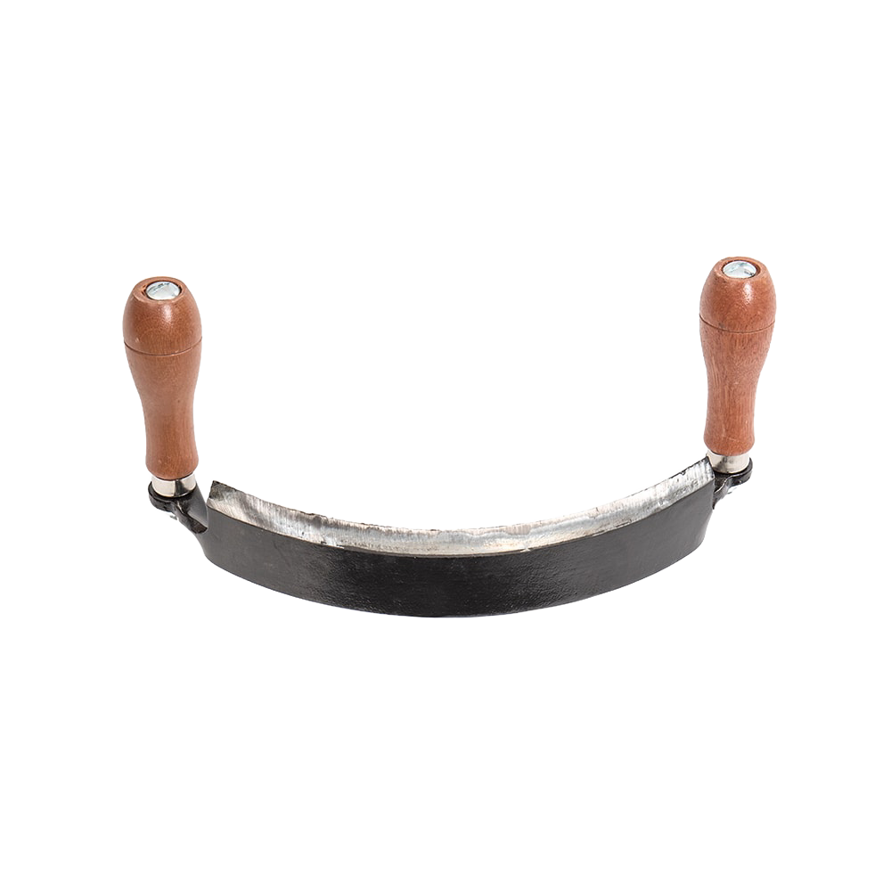 Handcrafted curved draw shave with sharpened 10-inch blade and ergonomic wood handles, designed for efficient wood shaving, ideal for Farm, Garden & Tool, Knives & Axes, and Wood Cutting collections.