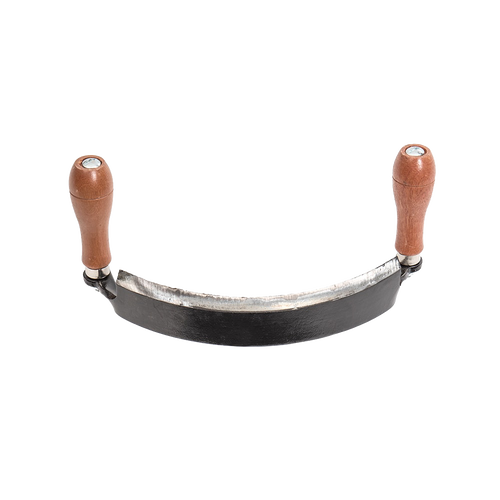 Handcrafted curved draw shave with sharpened 10-inch blade and ergonomic wood handles, designed for efficient wood shaving, ideal for Farm, Garden & Tool, Knives & Axes, and Wood Cutting collections.