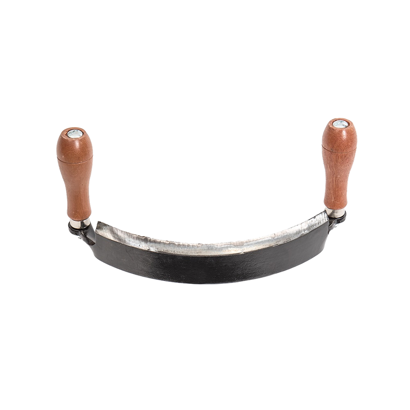 Handcrafted curved draw shave with sharpened 10-inch blade and ergonomic wood handles, designed for efficient wood shaving, ideal for Farm, Garden & Tool, Knives & Axes, and Wood Cutting collections.