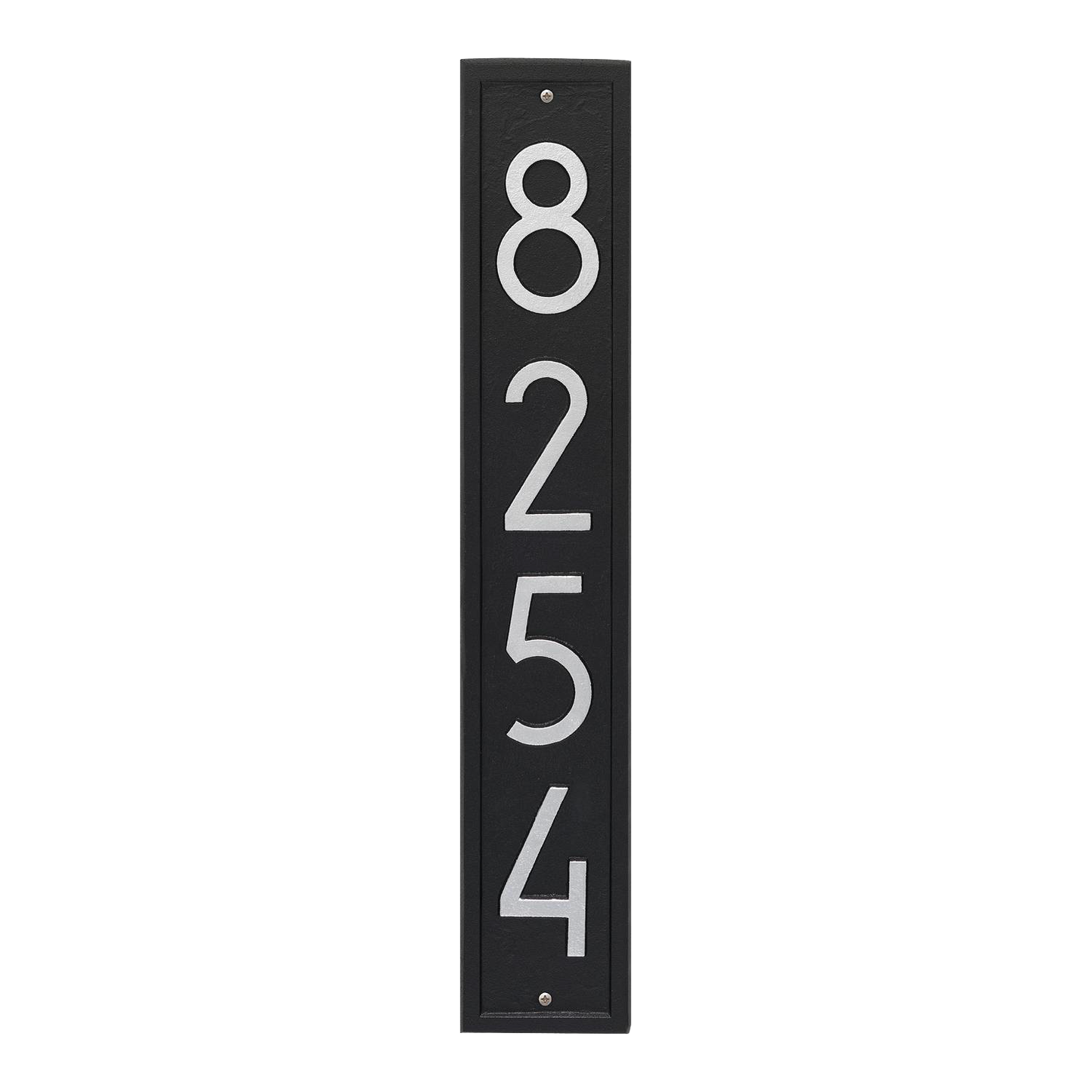 Tall black vertical wall plaque displaying silver house numbers in contemporary font, handcrafted in USA, perfect for Home & Decor, Household Helpers, and Mailboxes and Address Signs collections.