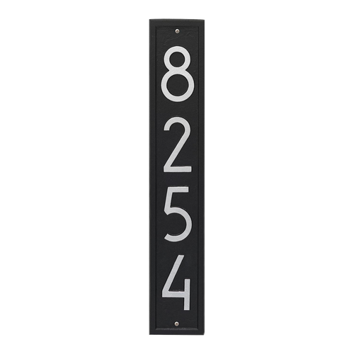 Tall black vertical wall plaque displaying silver house numbers in contemporary font, handcrafted in USA, perfect for Home & Decor, Household Helpers, and Mailboxes and Address Signs collections.