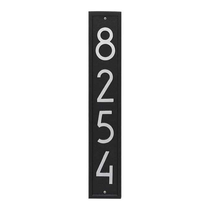 Tall black vertical wall plaque displaying silver house numbers in contemporary font, handcrafted in USA, perfect for Home & Decor, Household Helpers, and Mailboxes and Address Signs collections.