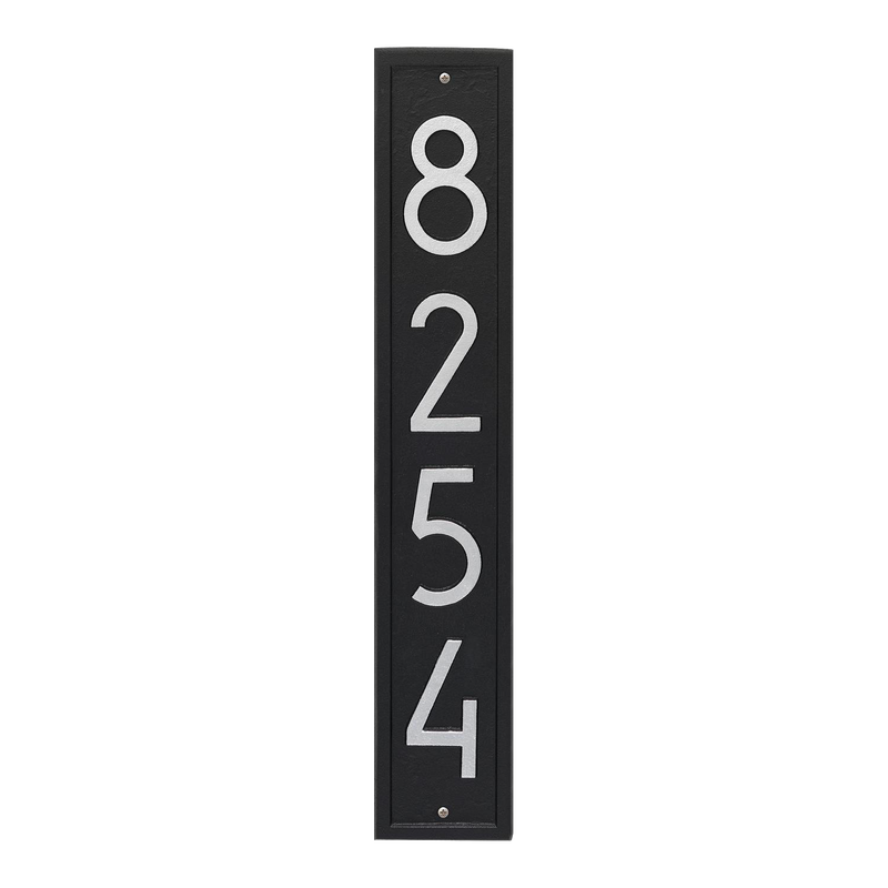 Tall black vertical wall plaque displaying silver house numbers in contemporary font, handcrafted in USA, perfect for Home & Decor, Household Helpers, and Mailboxes and Address Signs collections.