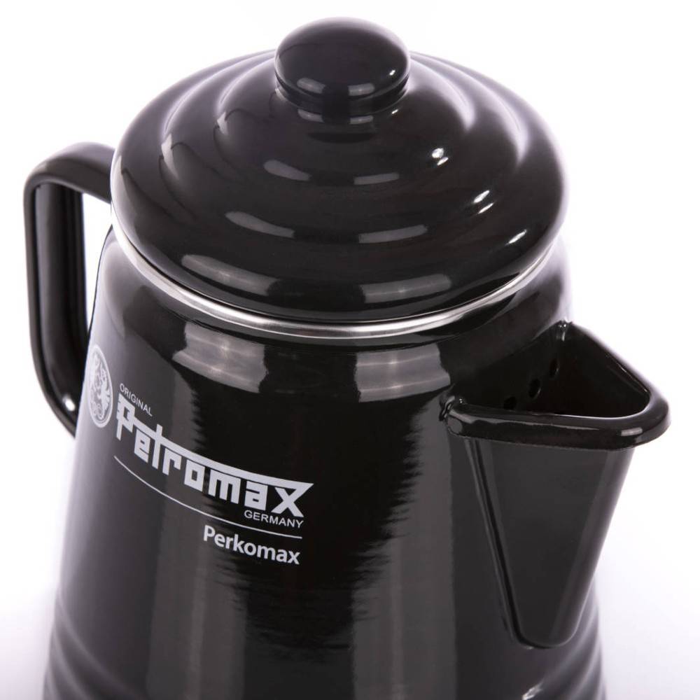 Black enameled steel percolator with lid and spout, designed for brewing coffee and tea, featured in Farm, Garden & Tool, Kitchen & Food, Camping, and Best Sellers collections.