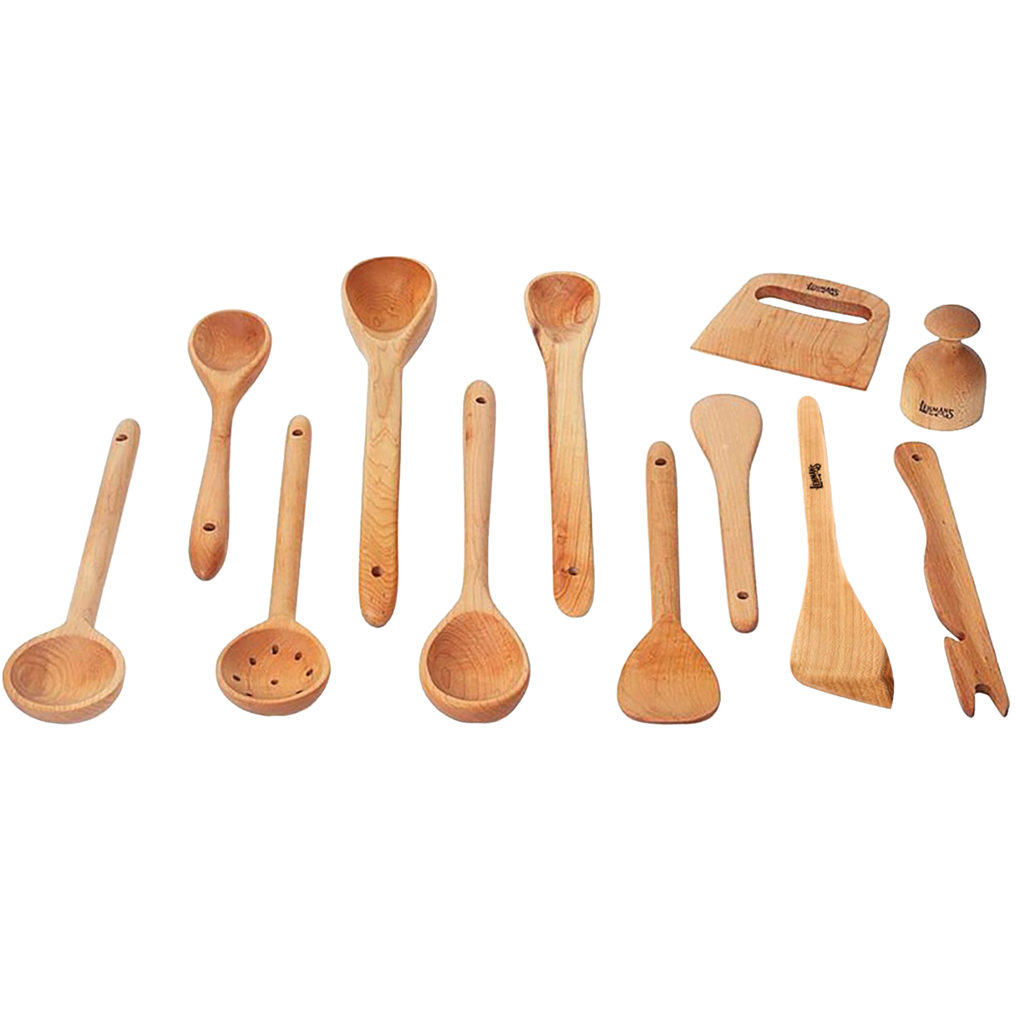 Collection of handcrafted solid American Hard Maple wooden cooking utensils including spoons, ladle, scraper, tamper, and dough cutter, perfect for Kitchen & Food, Holiday Hosting, Storage and Serving, USA Made, and Best Sellers collections.