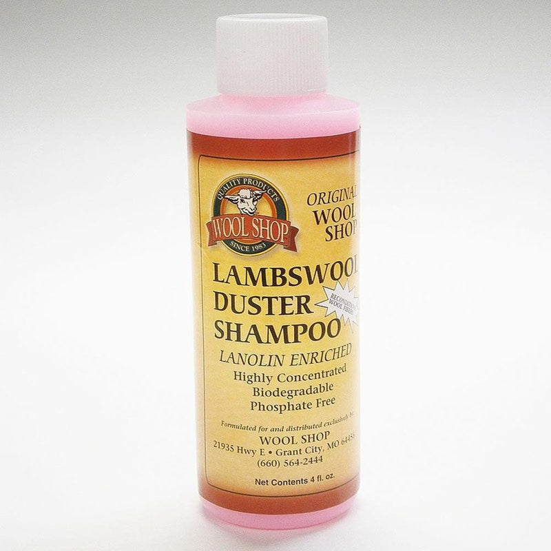 Plastic bottle of lanolin-enriched lambswool duster shampoo in pink liquid, biodegradable and phosphate-free, featured in Home & Decor and Household Cleaning collections.