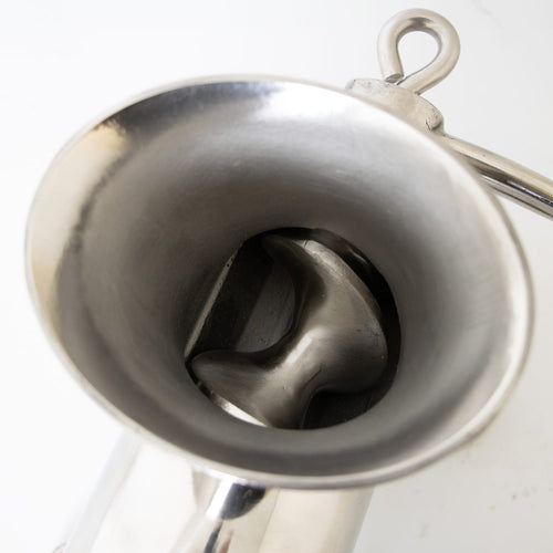 Close-up of a handcrafted stainless steel mounted meat grinder focusing on the wide hopper and inside blade, featured in Kitchen & Food, Specialty Equipment, and Butchering Supplies collections.