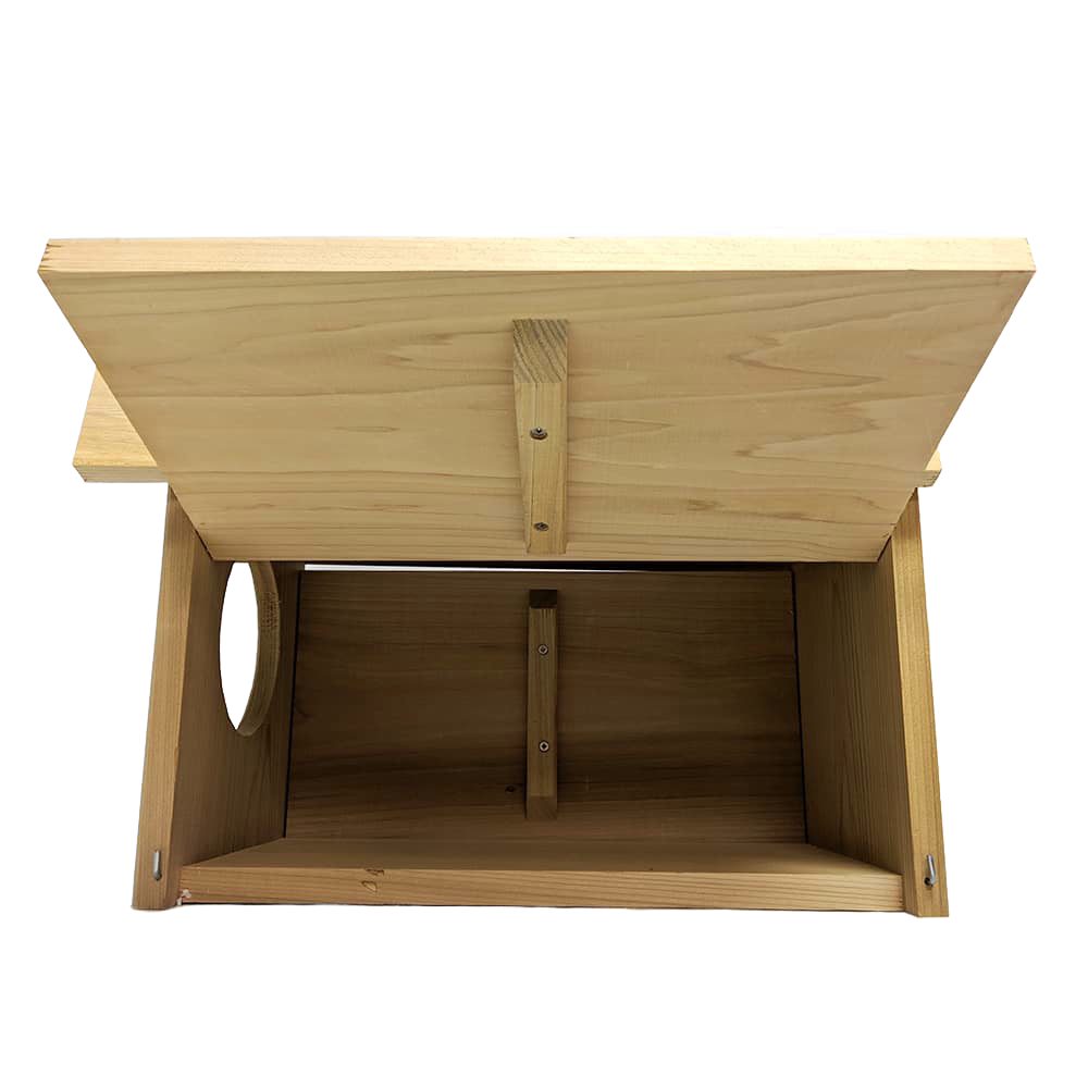 Open handcrafted barn owl nest box made of unfinished kiln-dried cedar with 3/4-inch thick walls, designed for easy cleaning and outdoor use in Farm, Garden & Tool and USA Made collections.