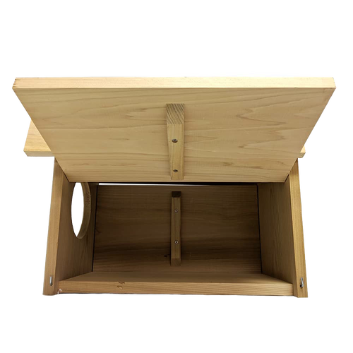 Open handcrafted barn owl nest box made of unfinished kiln-dried cedar with 3/4-inch thick walls, designed for easy cleaning and outdoor use in Farm, Garden & Tool and USA Made collections.