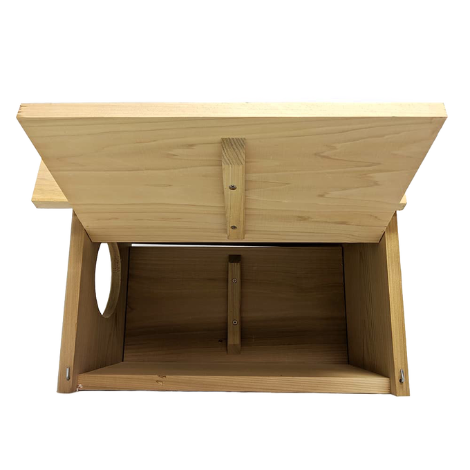 Open handcrafted barn owl nest box made of unfinished kiln-dried cedar with 3/4-inch thick walls, designed for easy cleaning and outdoor use in Farm, Garden & Tool and USA Made collections.