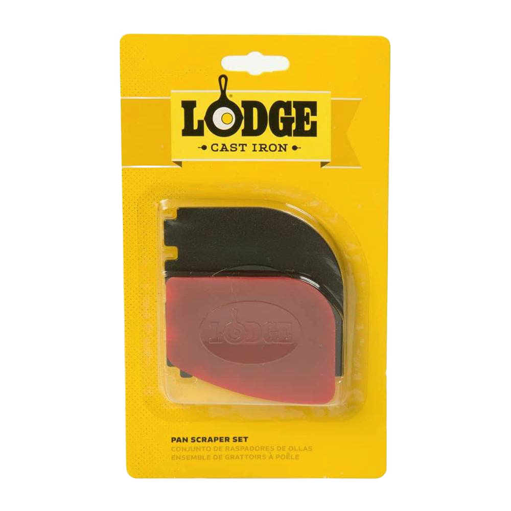 Set of two durable polycarbonate pan scrapers designed for easy cast iron cleaning, featuring one standard and one grill scraper, ideal for Kitchen & Food, Cookware, Cast Iron, Best Sellers, and Promo Eligible collections.