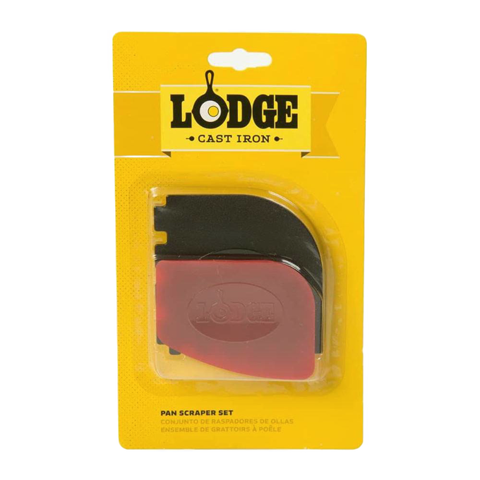 Set of two durable polycarbonate pan scrapers designed for easy cast iron cleaning, featuring one standard and one grill scraper, ideal for Kitchen & Food, Cookware, Cast Iron, Best Sellers, and Promo Eligible collections.