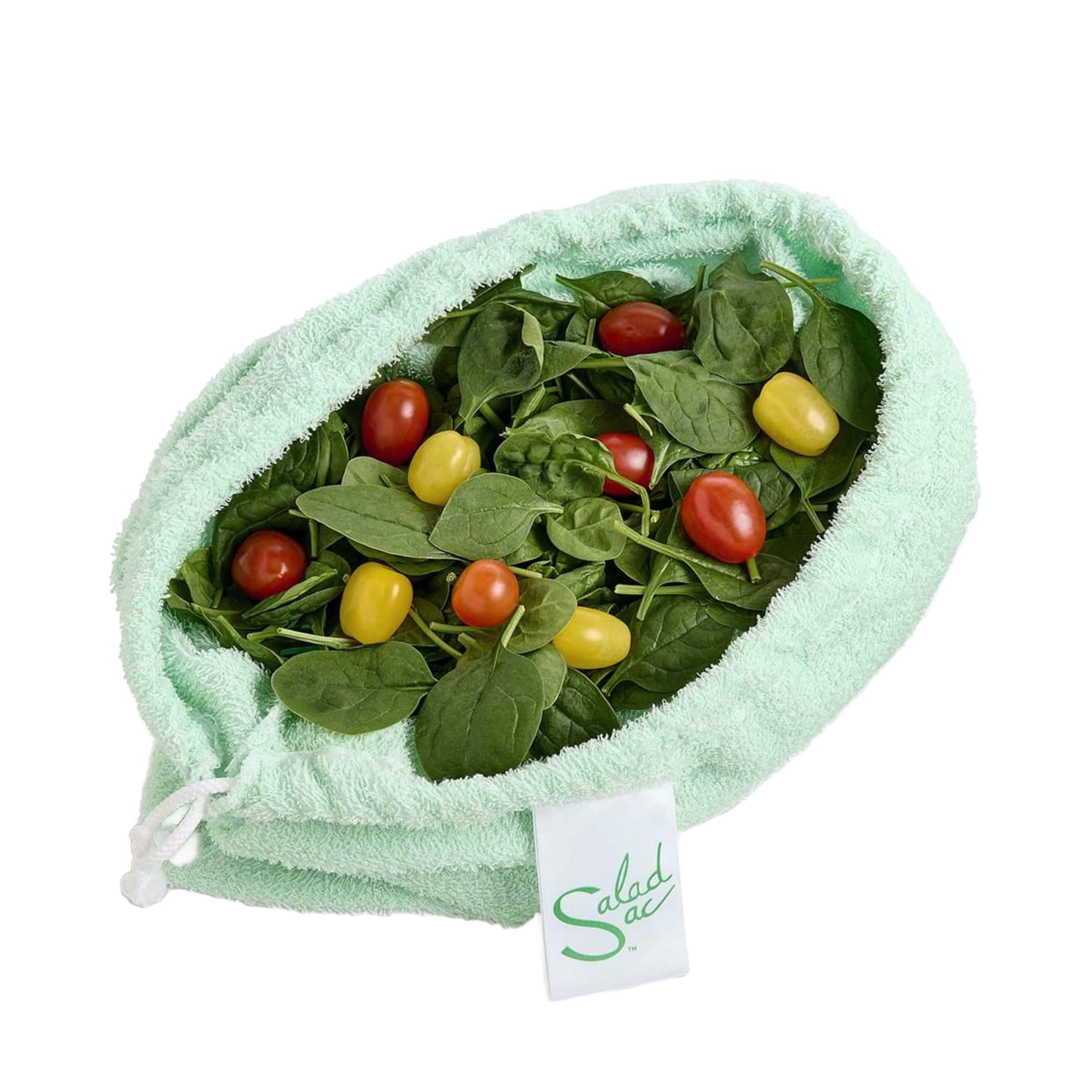 Light green super absorbent fabric bag filled with fresh spinach leaves and red and yellow cherry tomatoes, designed for crisp vegetable storage in Kitchen & Food and Storage collections.