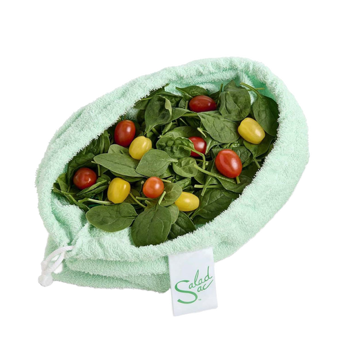 Light green super absorbent fabric bag filled with fresh spinach leaves and red and yellow cherry tomatoes, designed for crisp vegetable storage in Kitchen & Food and Storage collections.
