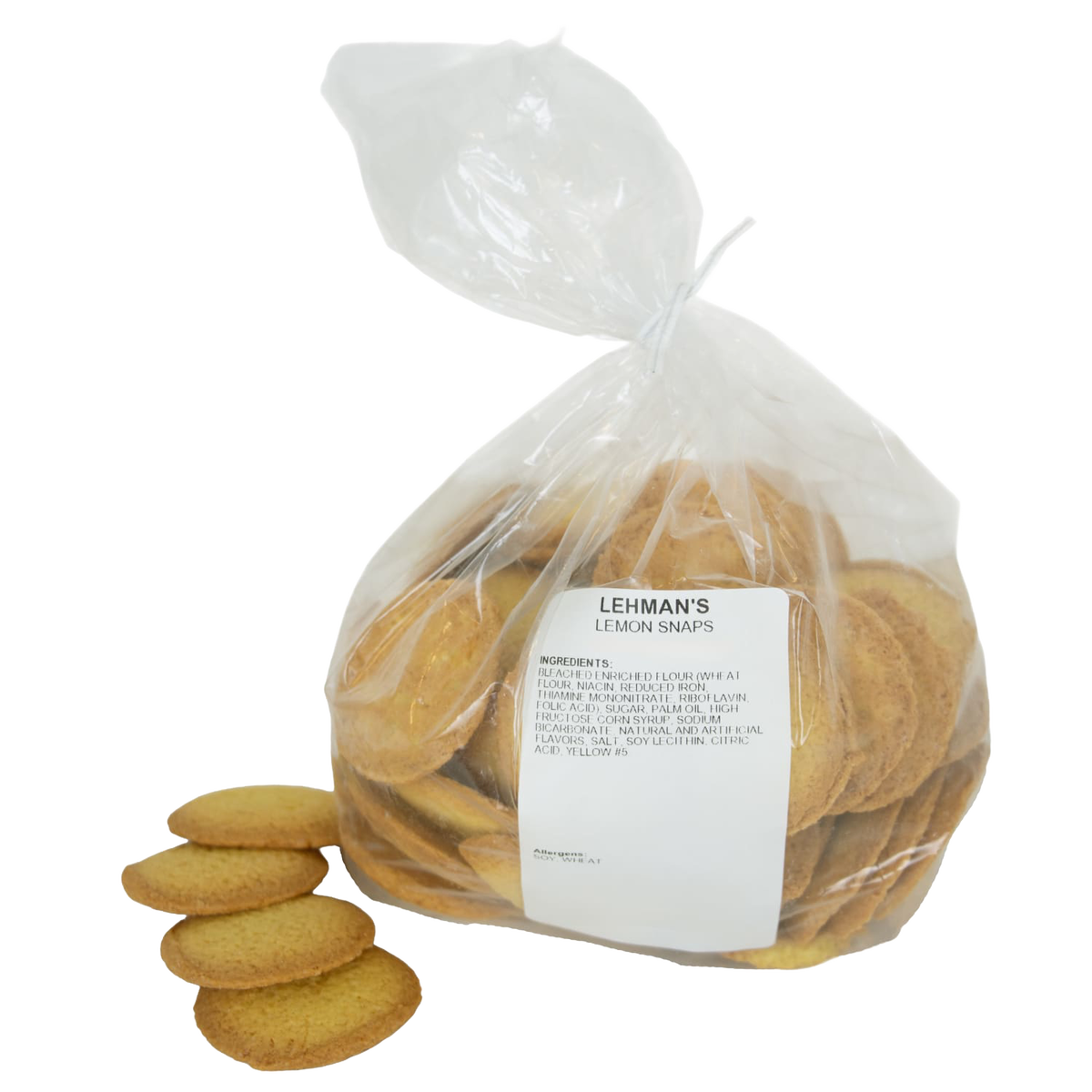 Clear plastic bag filled with handcrafted crispy lemon snap cookies beside a small stack of golden round cookies, featuring a bright citrus taste, ideal for Kitchen & Food and Snacks and Sweets collections.