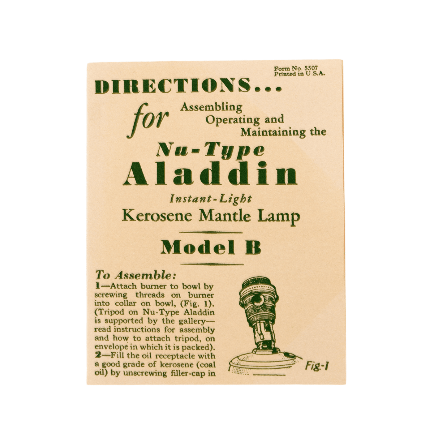 Vintage-style instruction booklet for assembling, operating, and maintaining the Aladdin Nu-Type Kerosene Mantle Lamp Model B burner, featured in Lamps & Lighting and Parts and Accessories collections.