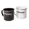 Set of two Petromax enamel mugs in black and white with sturdy steel construction and classic logo, perfect for Camping, Kitchen & Food, Brewing Coffee and Tea, Dinnerware, and Best Sellers collections.