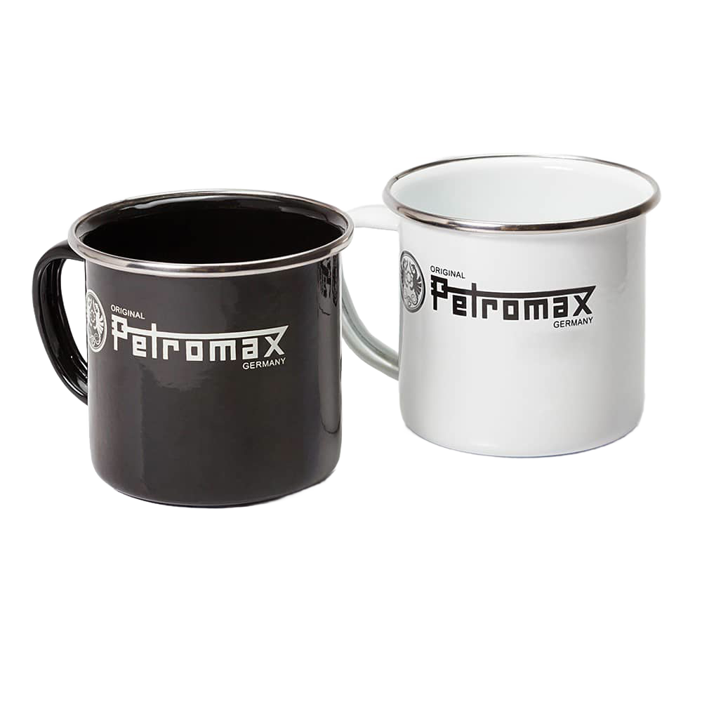 Set of two Petromax enamel mugs in black and white with sturdy steel construction and classic logo, perfect for Camping, Kitchen & Food, Brewing Coffee and Tea, Dinnerware, and Best Sellers collections.
