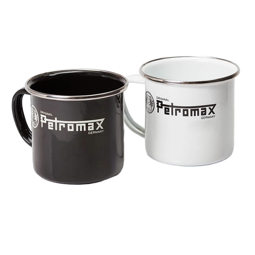 Set of two Petromax enamel mugs in black and white with sturdy steel construction and classic logo, perfect for Camping, Kitchen & Food, Brewing Coffee and Tea, Dinnerware, and Best Sellers collections.