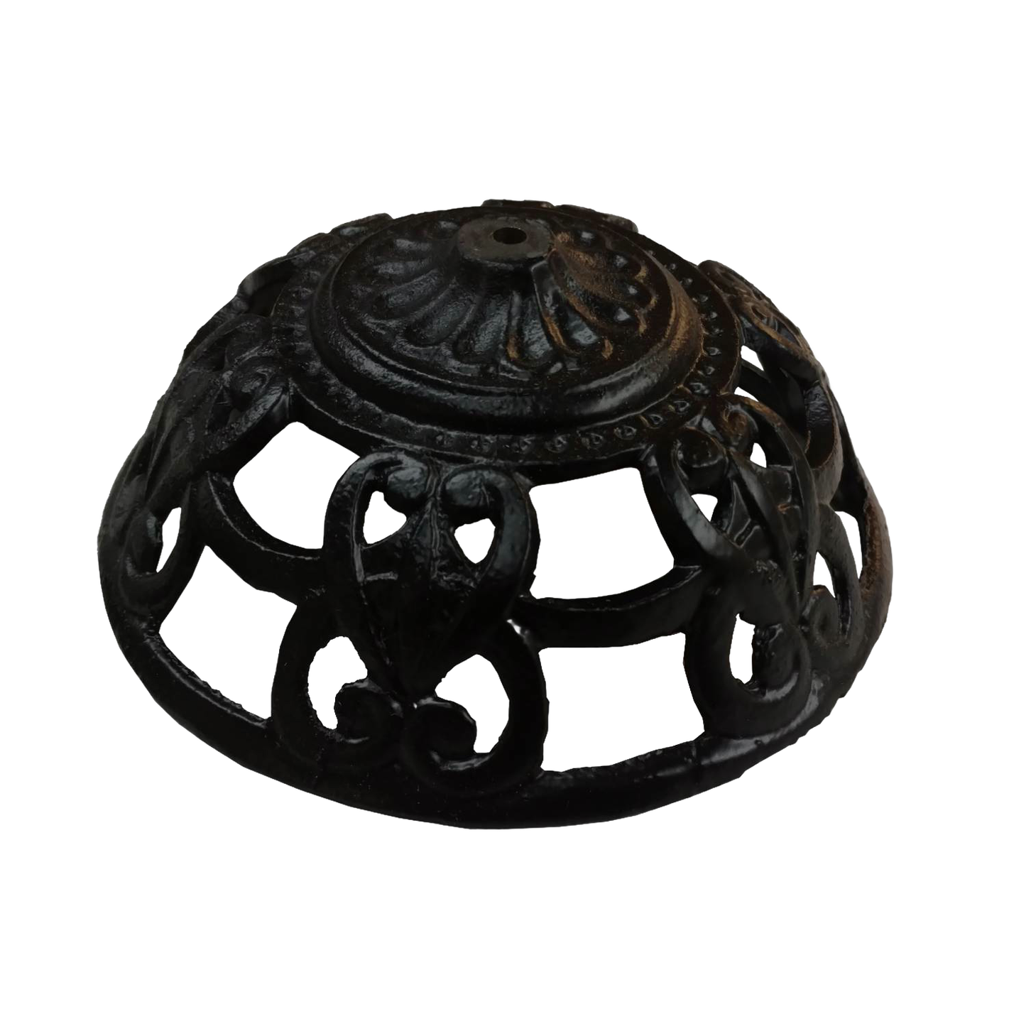 Decorative cast iron bracket bowl with a 1/4-inch center hole, featuring intricate openwork design, suitable for lamps and lighting parts collections.